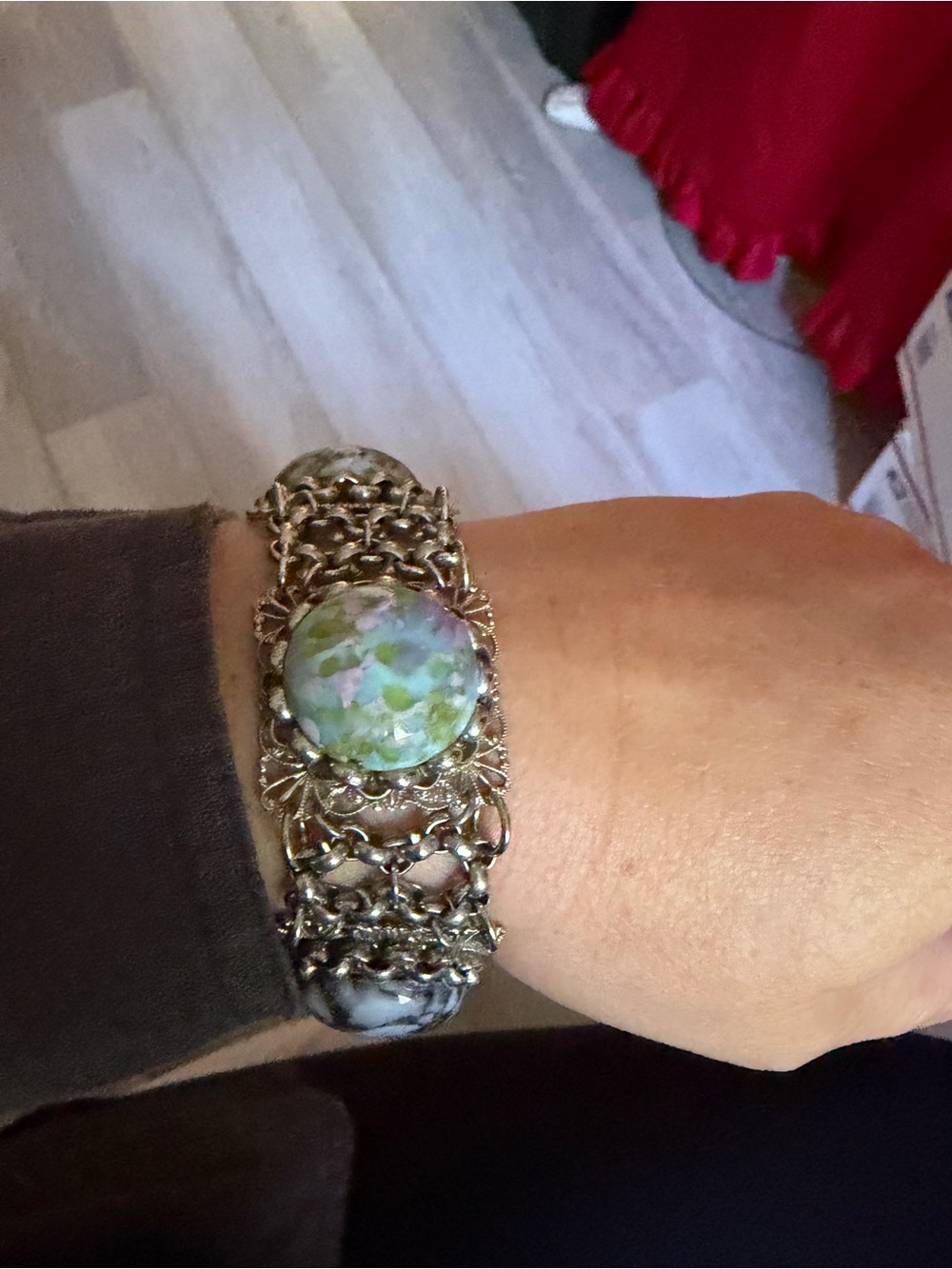 Silver-Tone Filigree Bracelet with Green Marbled Cabochons